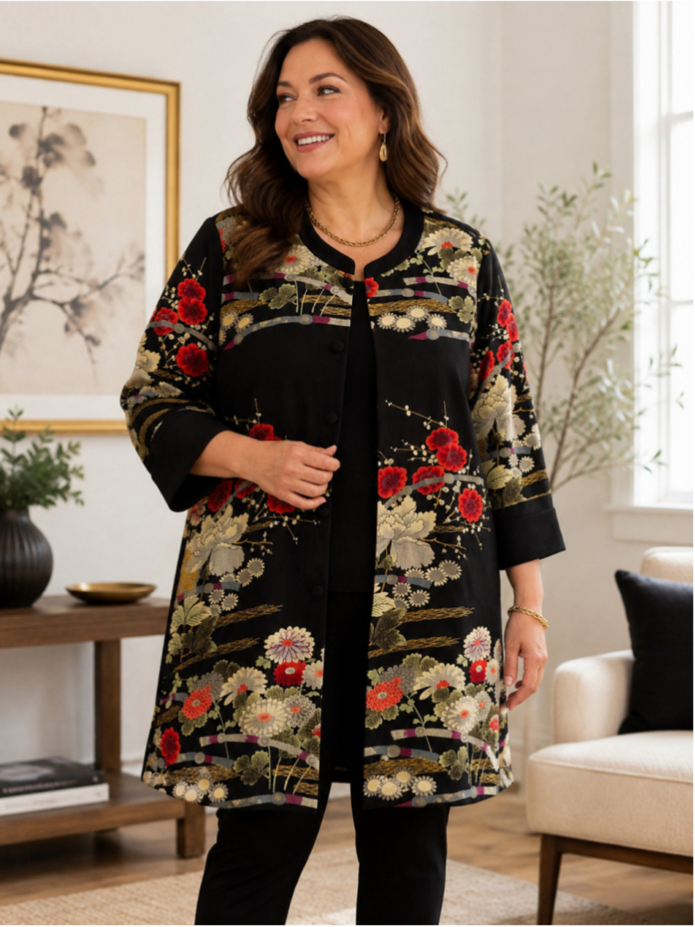 Draper’s & Damon’s 3X Black Asian Floral Button Front Long Jacket Tunic